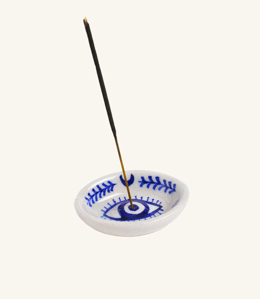 Lalita Evil Eye Incense Holder - Hand Painted Blue & White
