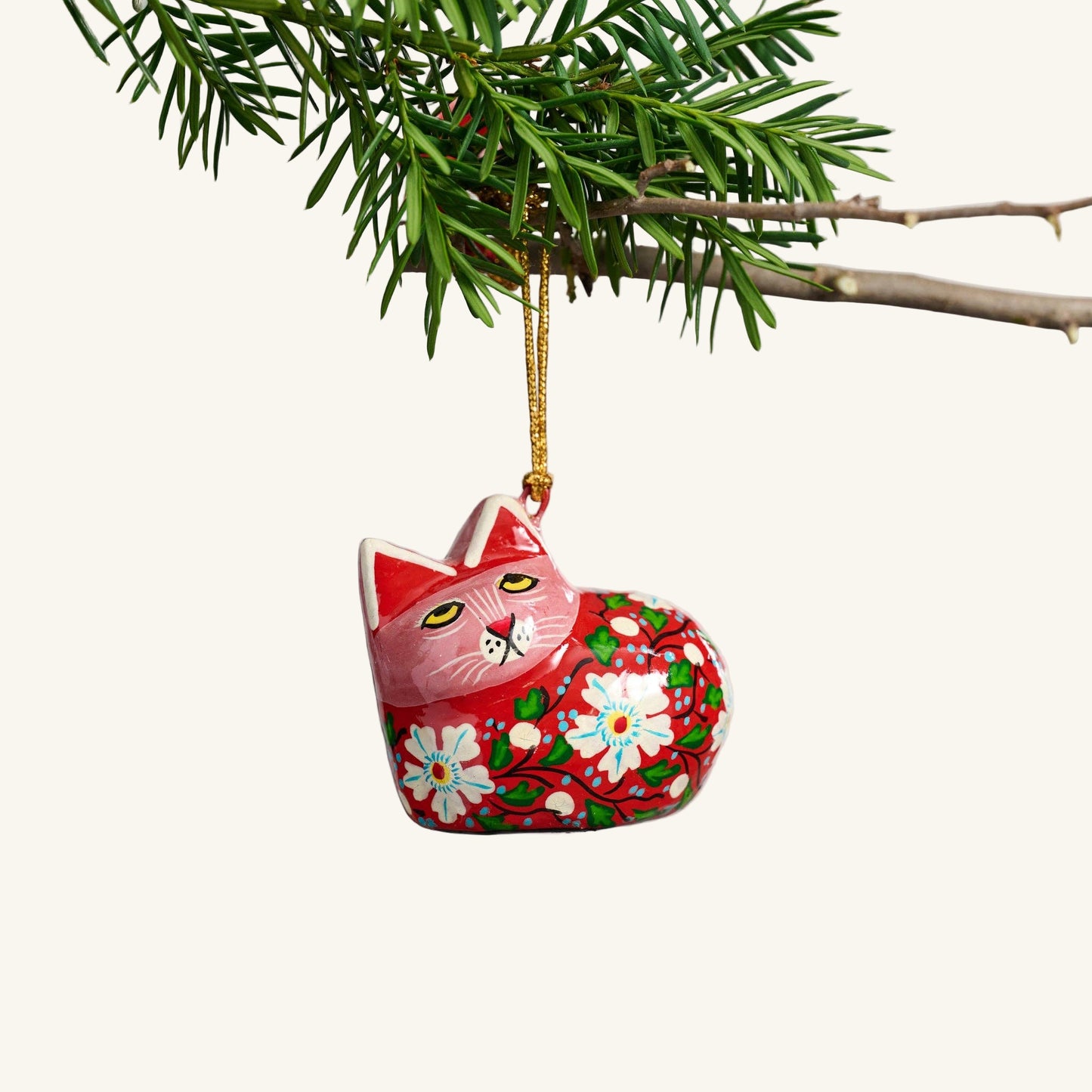 Painted Floral Cat Paper Mache Ornament