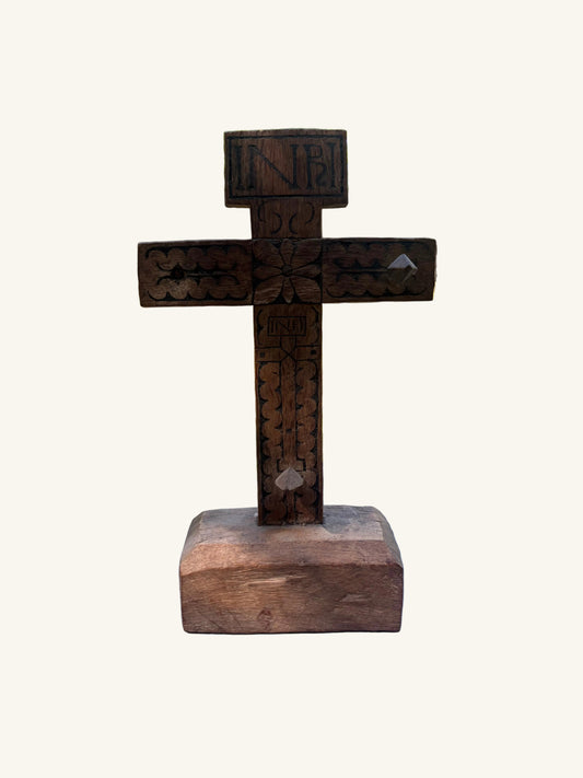Hand Carved Folk Cross (INRI Flower)