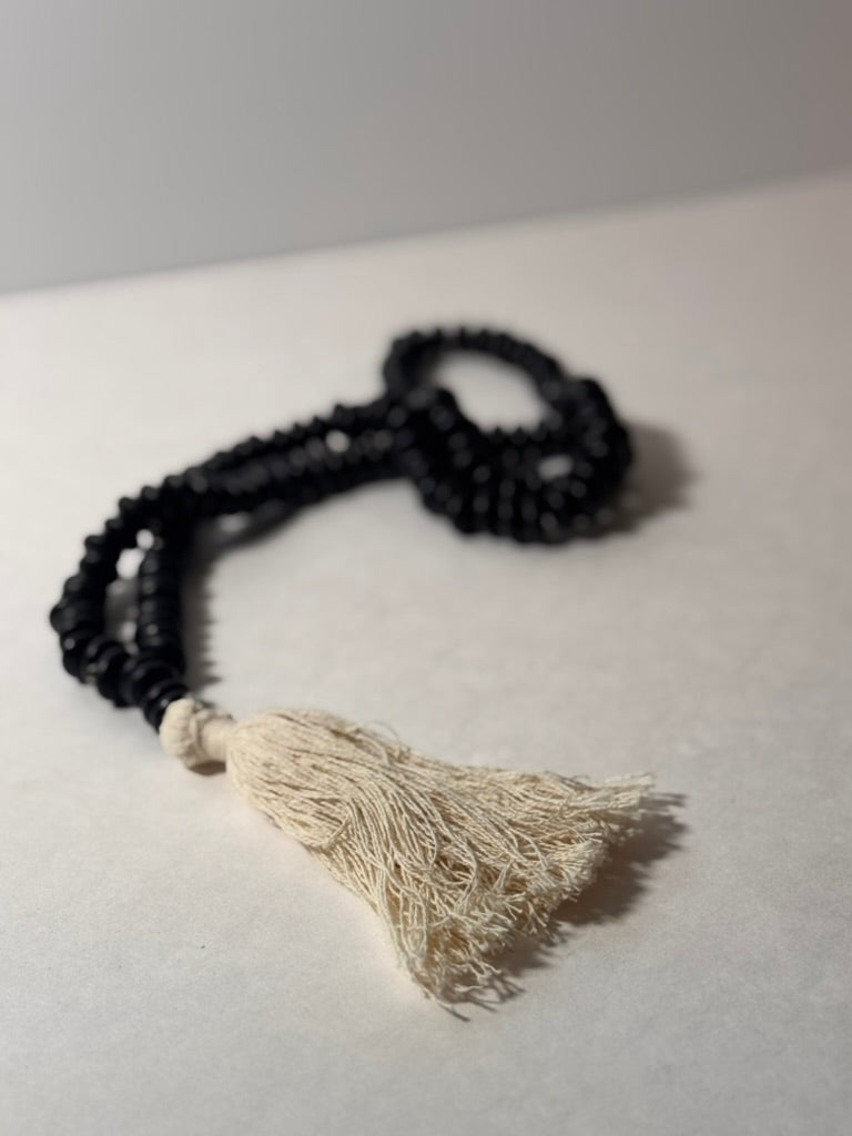 Black Wooden Bead Necklace W/Tassel