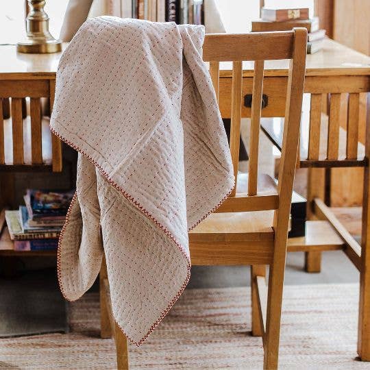 Natural Kantha Throw Blanket : Grey with yellow
