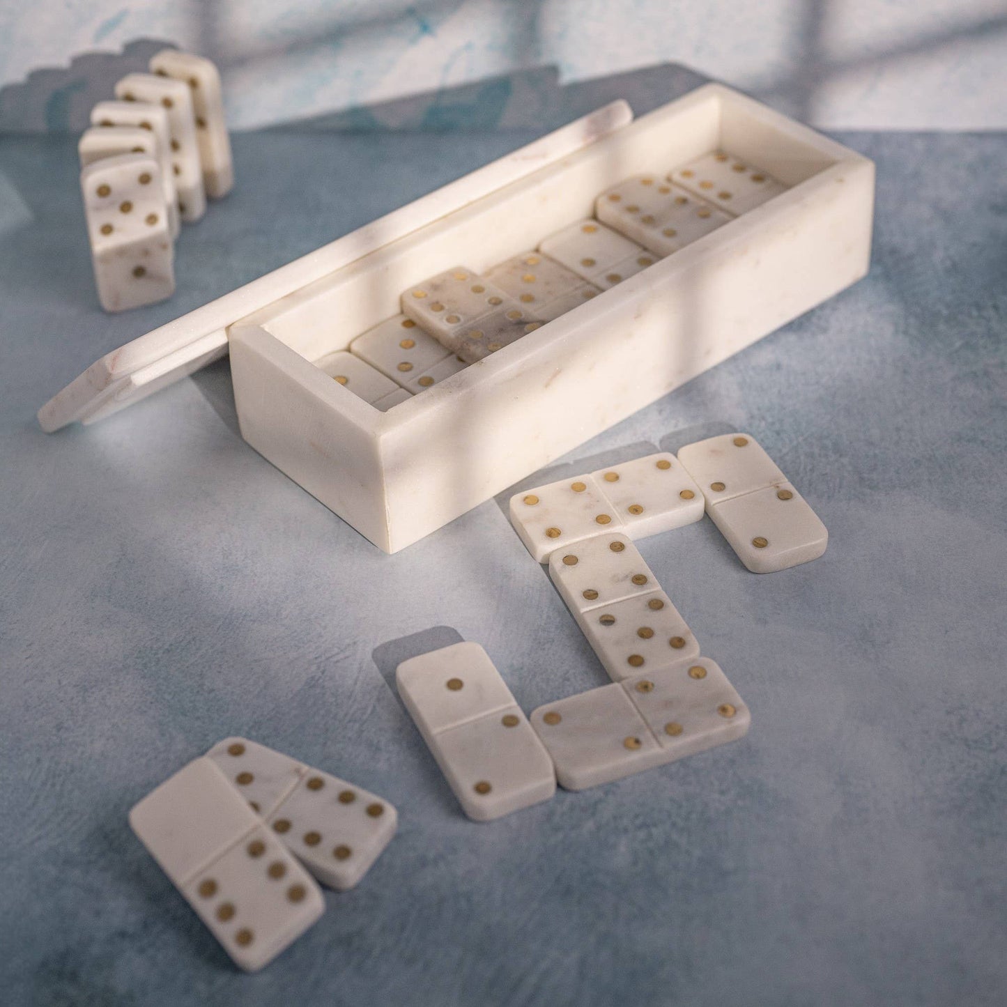 White Marble Dominoes Set with Brass Dots Inlay