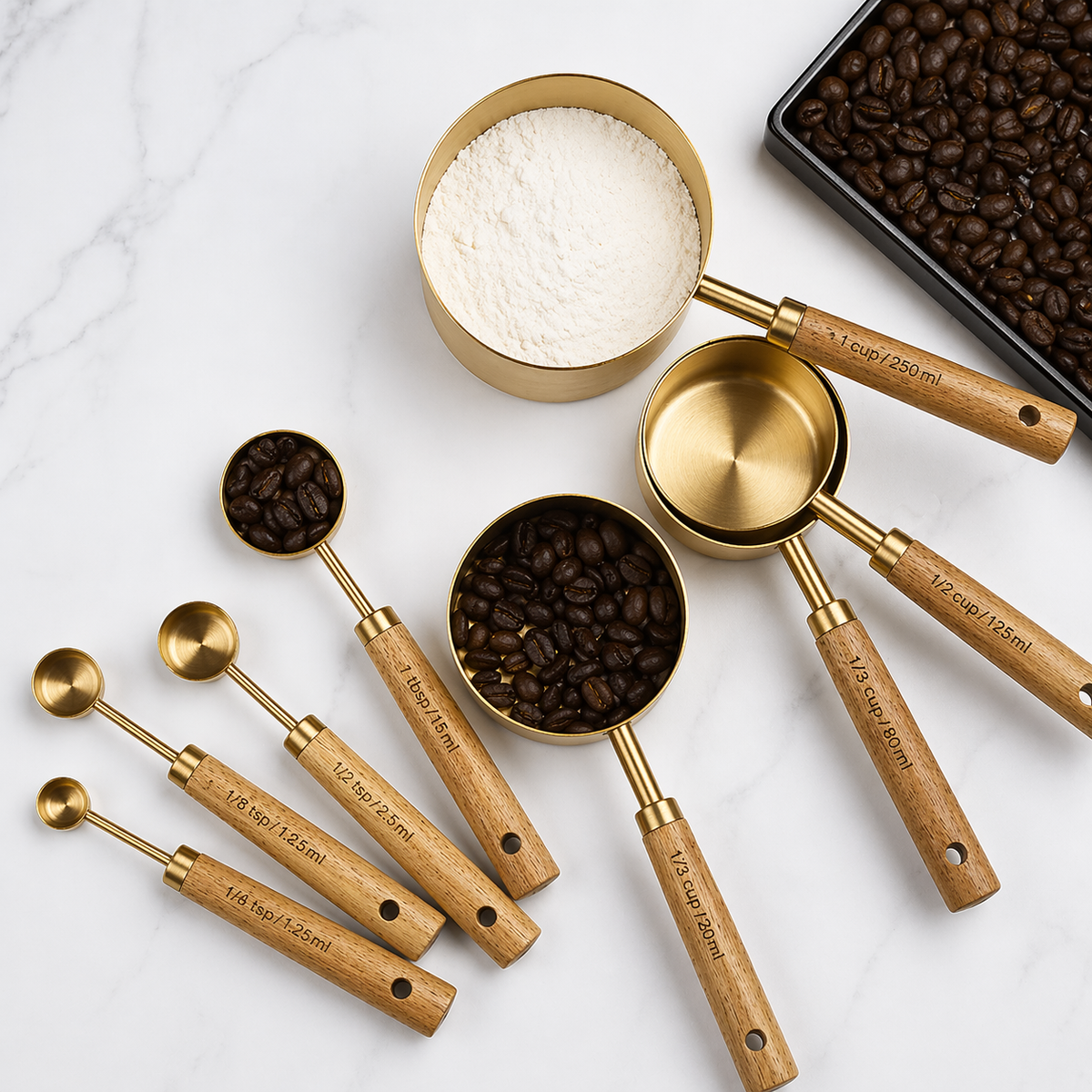 Gold Stainless Steel Measuring Cups Set: 4 cups + 4 spoons