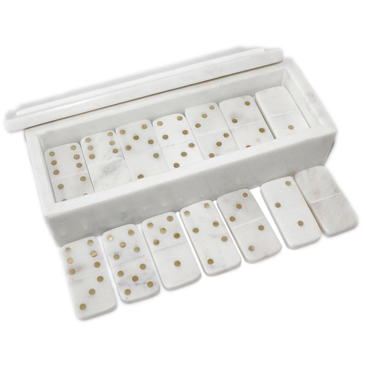 White Marble Dominoes Set with Brass Dots Inlay