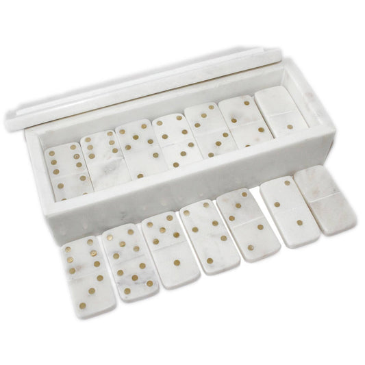 White Marble Dominoes Set with Brass Dots Inlay