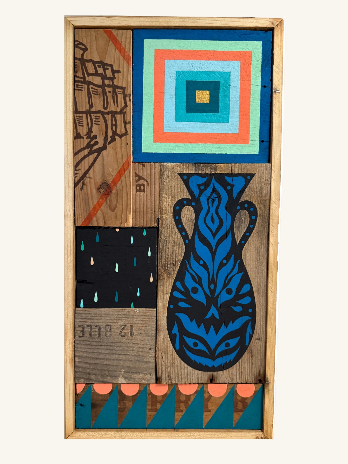 Wooden panel with geometric patterns and a blue vase design by Adrian landon Brooks
