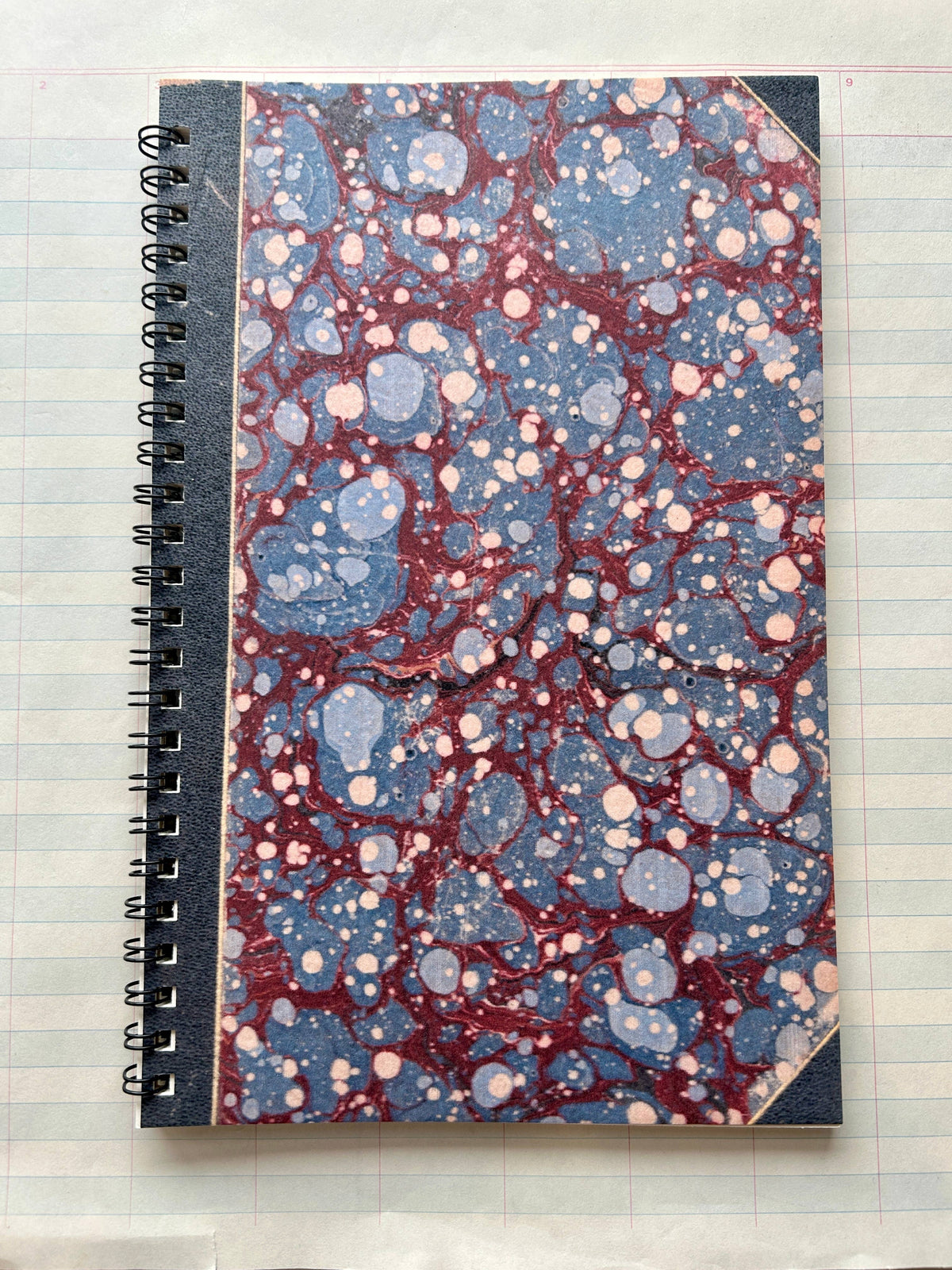 Antique Endpaper Notebook: Large - Blue & Burgundy / Grid Lined
