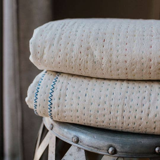 Natural Kantha Throw Blanket : Primary colors