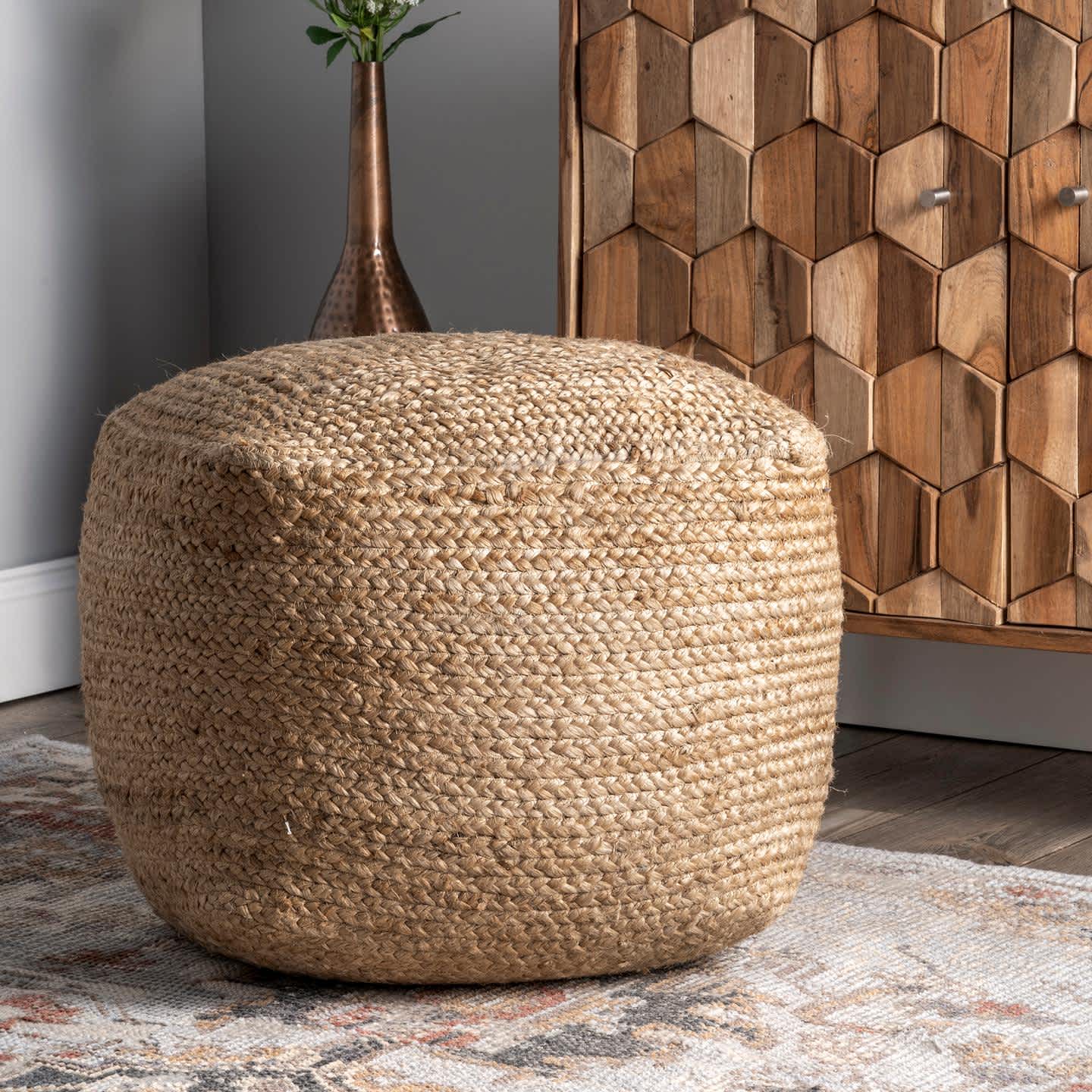 Cork Braided Solid Jute Filled Ottoman Pouf