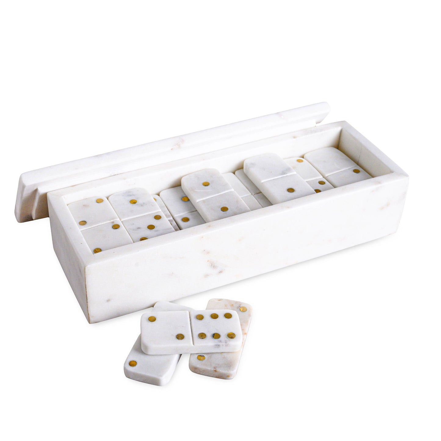 White Marble Dominoes Set with Brass Dots Inlay