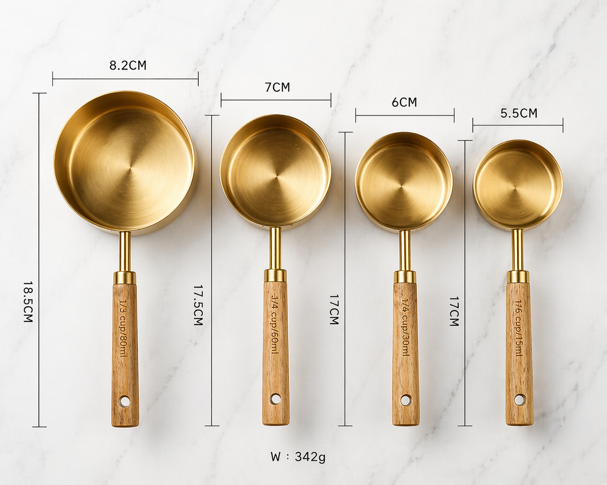 Gold Stainless Steel Measuring Cups Set: 4 cups + 4 spoons